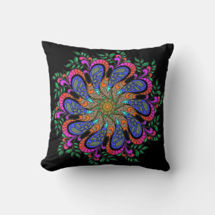 Bohemian Mod Floral Mandala on Black Throw Pillow