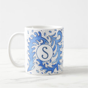 Bohemian Monogrammed Blue & White Personalized Mug