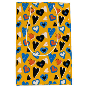 Bohemian Mustard Yellow and Blue Whimsical Hearts Medium Gift Bag