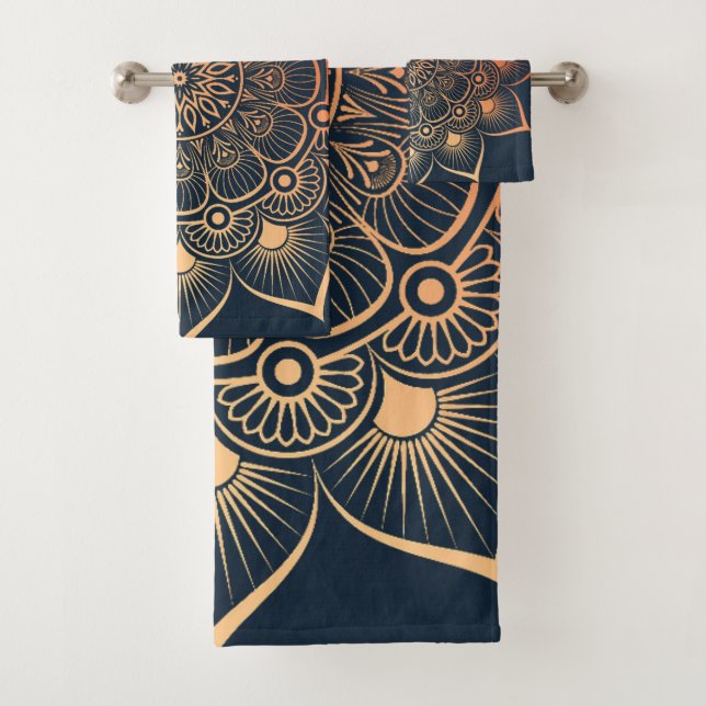 Bohemian Navy Blue Peach Mandala Bath Towel Set (Insitu)