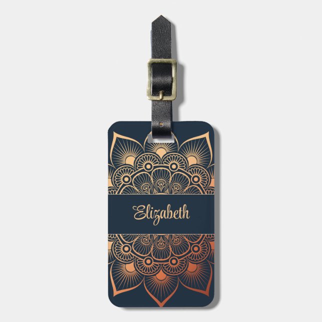 Bohemian Navy Blue Peach Mandala Luggage Tag (Front Vertical)