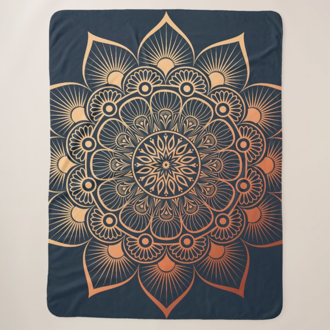 Bohemian Navy Blue Peach Mandala Sherpa Blanket (Front)