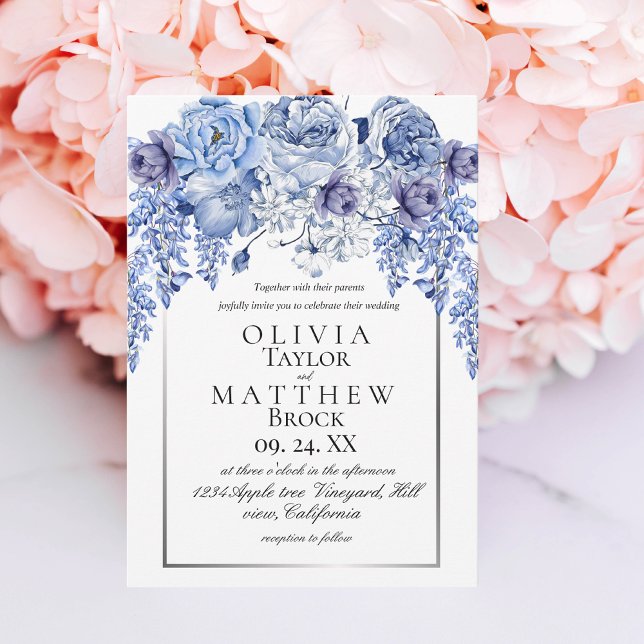 Bohemian Navy Elegant Floral Classic Wedding  Invitation (Creator Uploaded)