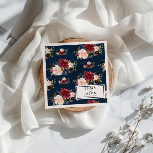 Bohemian Navy Floral Burgundy Wedding Napkins (Creator Uploaded)