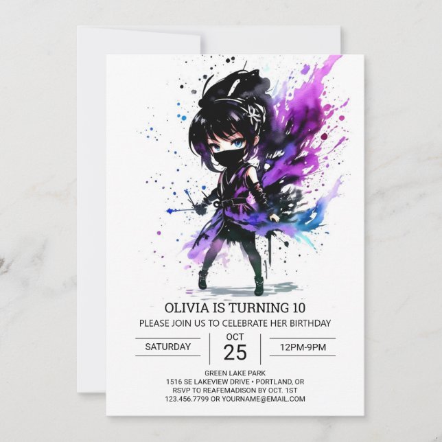 Bohemian Ninja Printable Girl Birthday Invitation (Front)