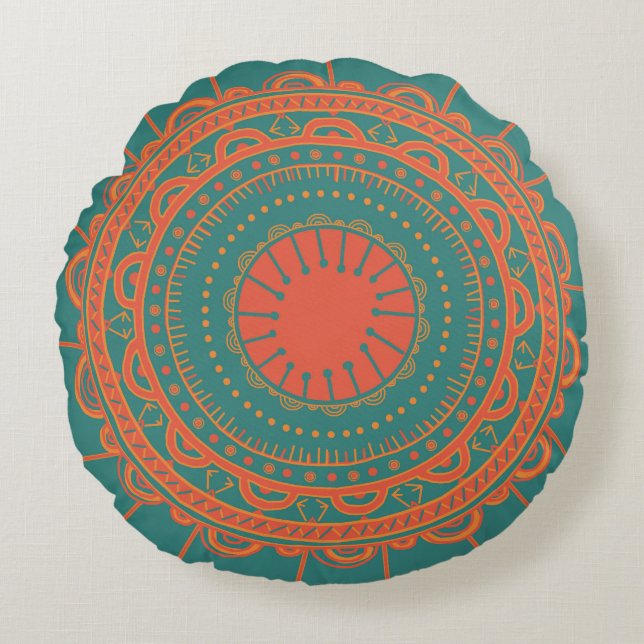 Bohemian Orange and Teal Round Pillow (Front)