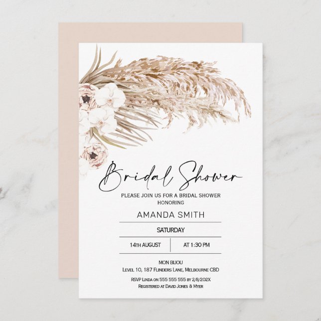 Bohemian Orchards Pampas Grass Bridal Shower Invitation (Front/Back)