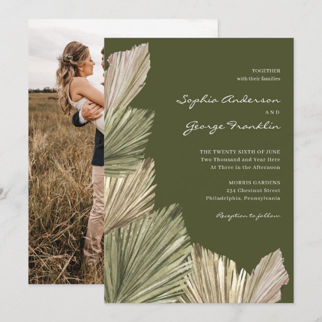 Bohemian Palm Leaves Wedding Invitation with Photo (Front/Back)