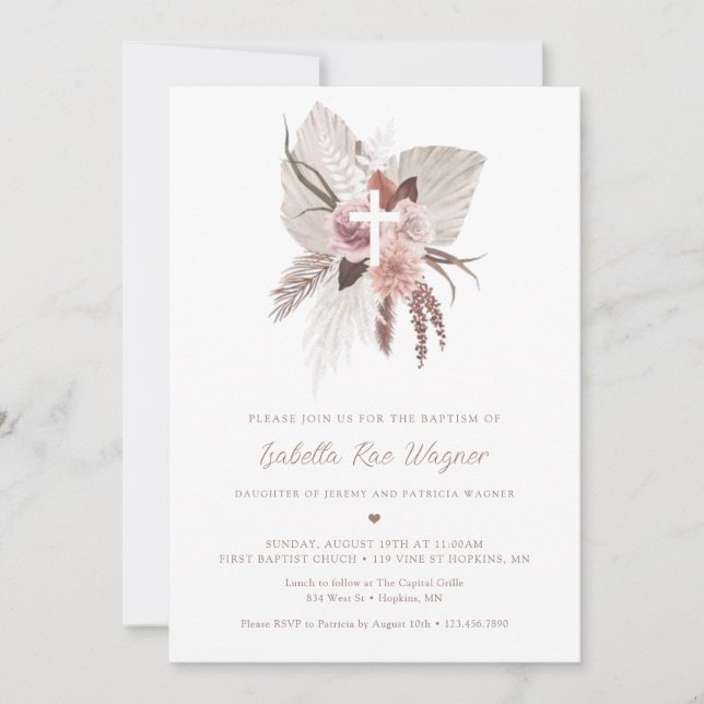 Bohemian Pampas Grass Baptism Invitation (Front)