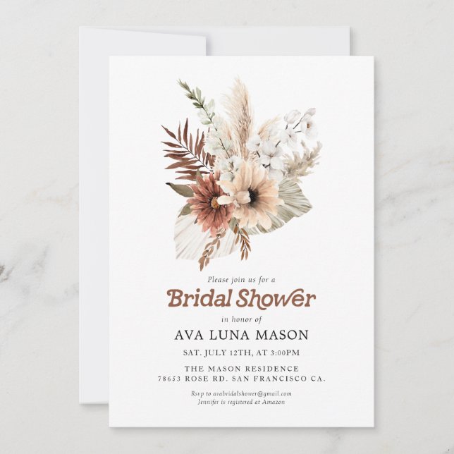 Bohemian Pampas Grass Bridal Shower Invitation (Front)