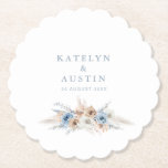 bohemian pampas grass dusty blue wedding paper coaster<br><div class="desc">watercolor bohemian pampas grass and dusty blue flowers. Personalize the text details and colours.</div>