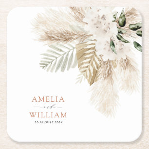 bohemian pampas grass greenery wedding square paper coaster