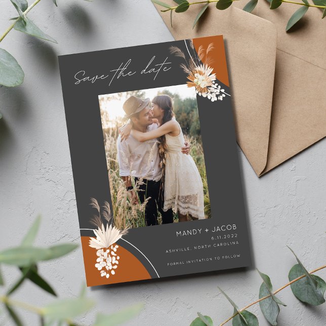 Bohemian Pampas Photo Grey Rust Wedding Save The Date (Creator Uploaded)
