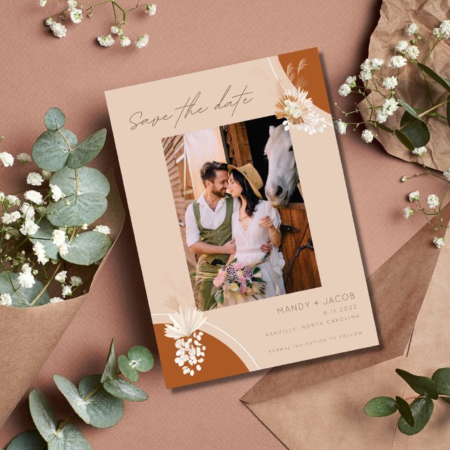 Bohemian Pampas Photo Rust Wedding Save The Date (Creator Uploaded)