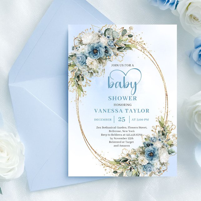 Bohemian Pastel Blue Floral Greenery Baby Shower  Invitation (Bohemian Pastel Blue Floral Greenery Baby Shower Invite)