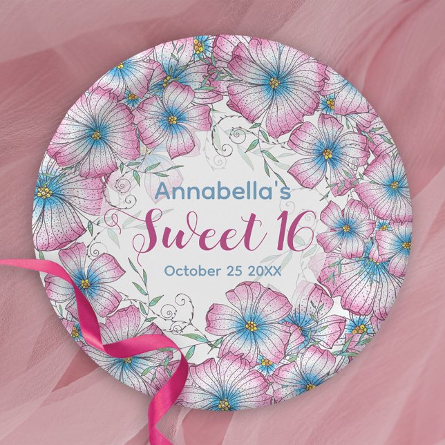 Bohemian Pastel Floral Pink Blue Sweet 16 Paper Plate (Creator Uploaded)