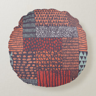 Bohemian patchwork: hand-drawn seamless design. round pillow