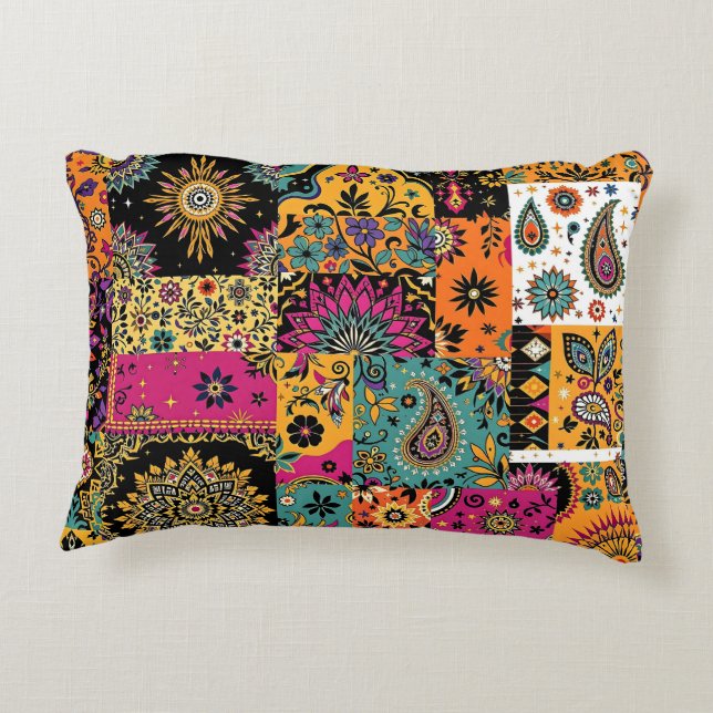 Bohemian Patchwork Mandala and Paisley Pattern Accent Pillow (Back)