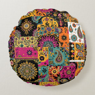 Bohemian Patchwork Mandala and Paisley Pattern Round Pillow