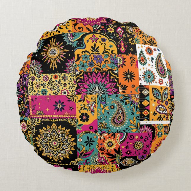 Bohemian Patchwork Mandala and Paisley Pattern Round Pillow (Front)