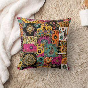 Bohemian Patchwork Mandala and Paisley Pattern Throw Pillow