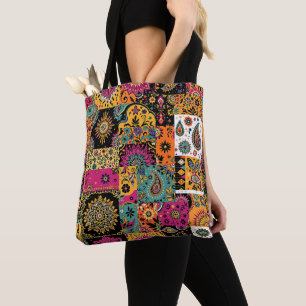 Bohemian Patchwork Mandala and Paisley Pattern Tote Bag
