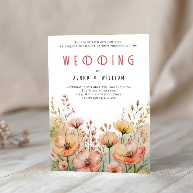 Bohemian Peach Wildflower Flower Wedding Invitation (Creator Uploaded)