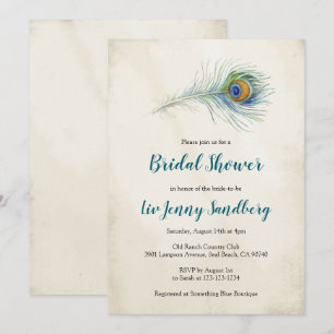Bohemian Peacock Feather Teal Bridal Shower Invitation