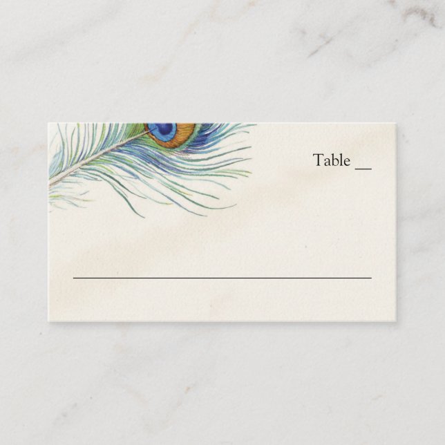 Bohemian Peacock Feather Vintage Teal Wedding Place Card (Front)