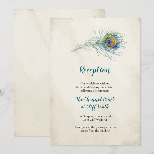 Bohemian Peacock Feather Wedding Reception Card (Front/Back)