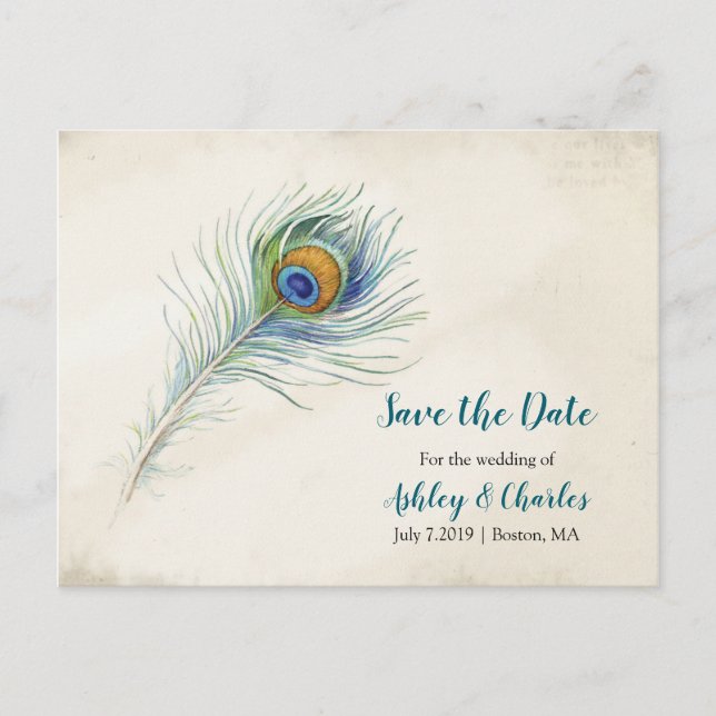 Bohemian Peacock Feather Wedding Save the Date Announcement Postcard (Front)