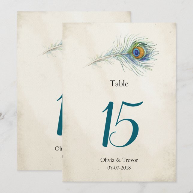 Bohemian Peacock Feather Wedding Table Numbers (Front/Back)