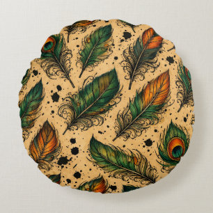 Bohemian Peacock Feathers Pattern  Round Pillow