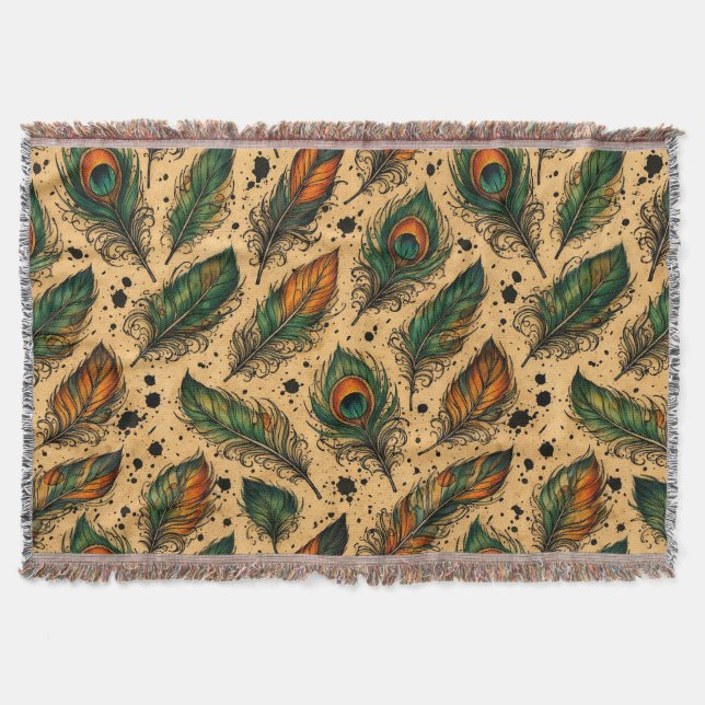 Bohemian Peacock Feathers Pattern  Throw Blanket (Front)