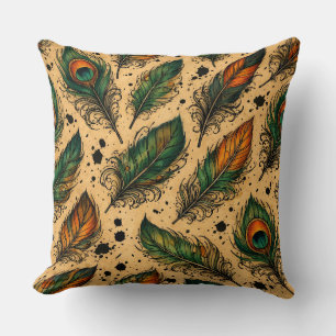 Bohemian Peacock Feathers Pattern  Throw Pillow