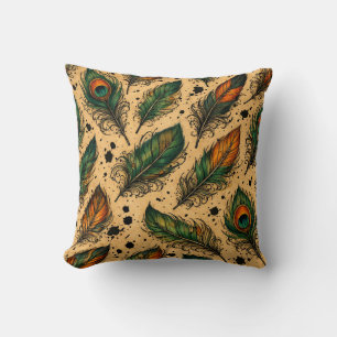 Bohemian Peacock Feathers Pattern  Throw Pillow