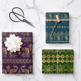 Bohemian Peacock Gold Foil on textured Background Wrapping Paper Sheet