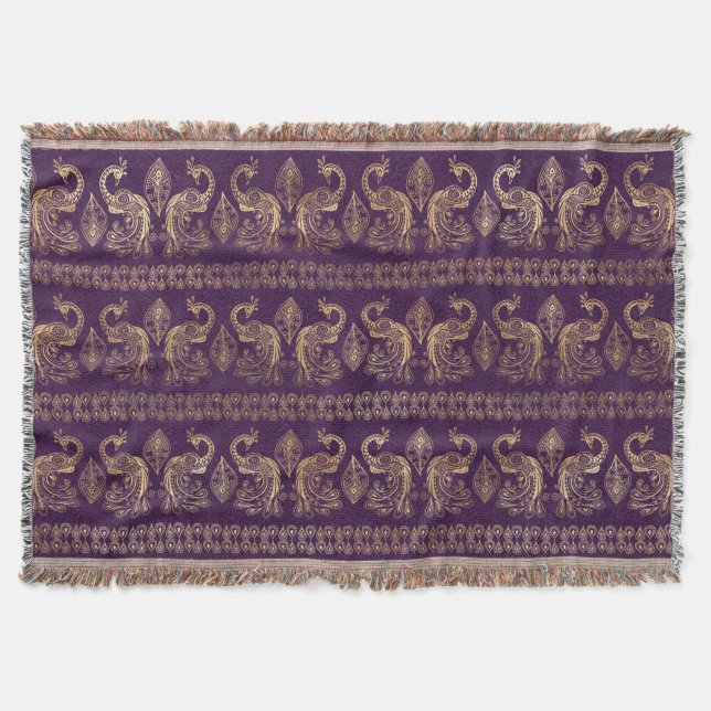 Bohemian peacock purple and gold elegant boho throw blanket (Front)