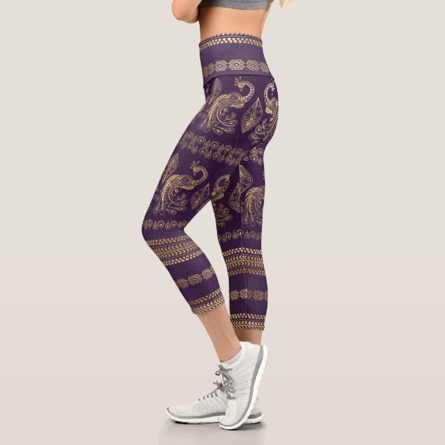 Bohemian peacock purple and gold elegant  capri leggings (Left)