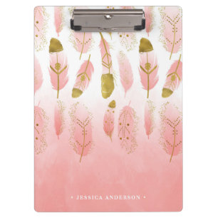 Bohemian Pink and Gold Feathers Ombre Clipboard