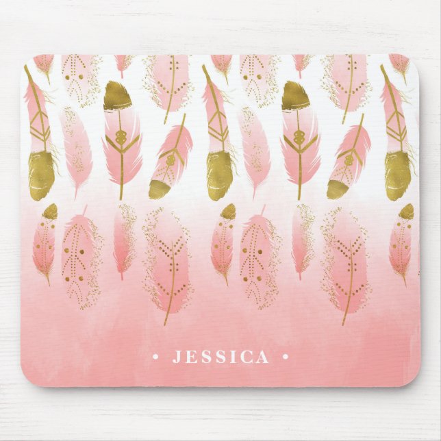 Bohemian Pink and Gold Feathers Ombre Mousepad (Front)