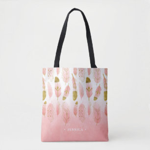 Bohemian Pink and Gold Feathers Ombre Personalized Tote Bag