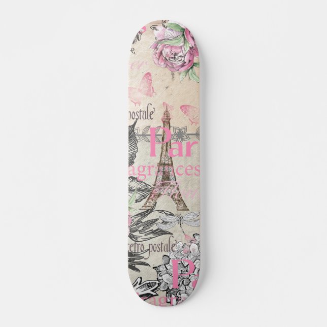 Bohemian pink black floral Paris Eiffel Tower typo Skateboard (Front)