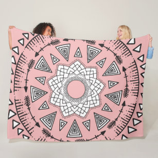 Bohemian Pink Black Tribal Aztec Hipster Mandala Fleece Blanket