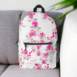 Bohemian pink cherry blossom name floral pattern printed backpack<br><div class="desc">Bohemian pink sakura cherry blossom name floral pattern backpack with pretty bright pink flowers and with greenery and a modern brush script typography.</div>