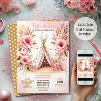 Bohemian Pink Floral Twinkle Lights Sleepover Invitation