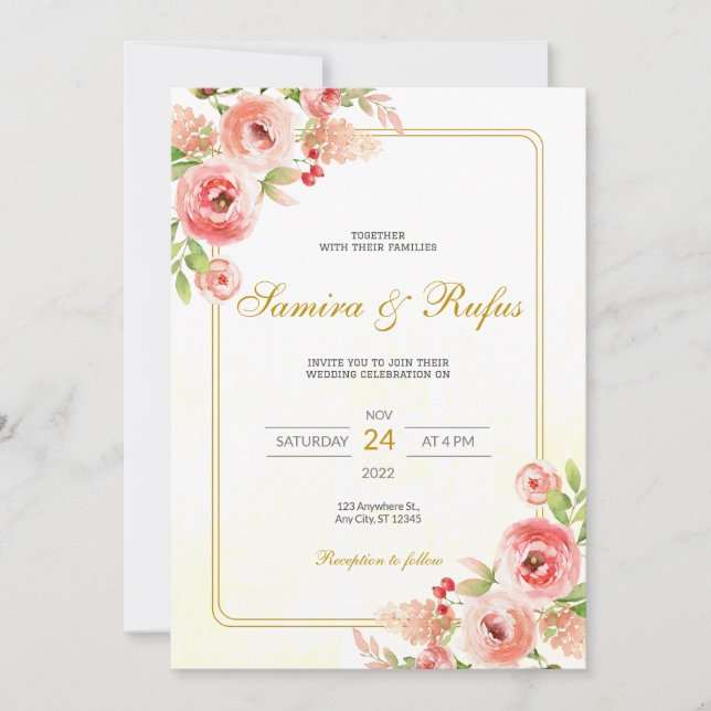 Bohemian Pink Floral Wedding Invitation (Front)