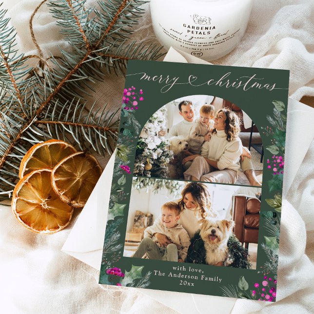 Bohemian Pink Green 2 Photo Arch Merry Christmas  Holiday Card (Creator Uploaded)