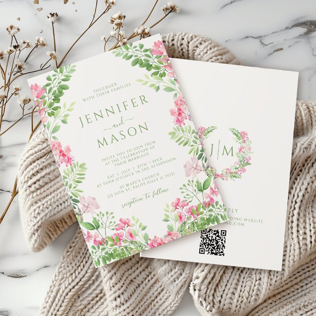 Bohemian Pink Green Floral Wedding Invitation (Creator Uploaded)