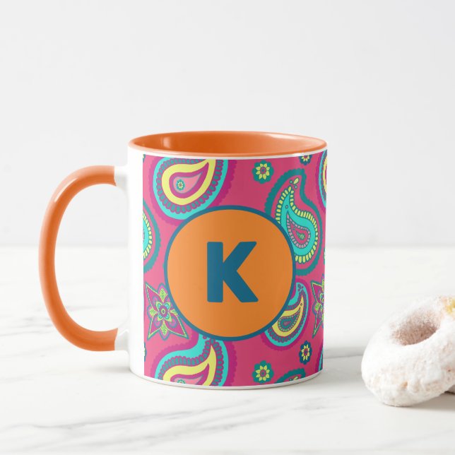 Bohemian Pink Paisley Pattern Custom Monogram Mug (With Donut)
